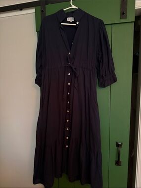 Holly Shae Navy Button-Front Tie-Waist Maxi Dress